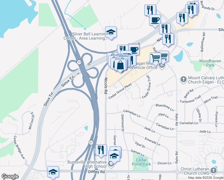 map of restaurants, bars, coffee shops, grocery stores, and more near 4040 Eagan Outlets Parkway in Eagan