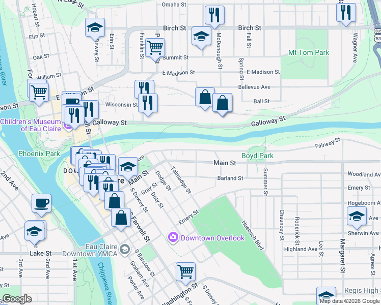 map of restaurants, bars, coffee shops, grocery stores, and more near in Eau Claire