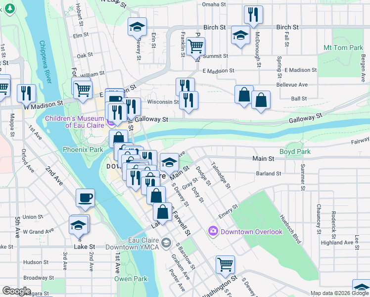 map of restaurants, bars, coffee shops, grocery stores, and more near 702 East Grand Avenue in Eau Claire