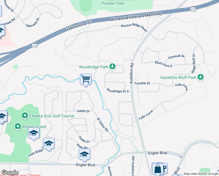 map of restaurants, bars, coffee shops, grocery stores, and more near 740 Woodridge Drive South in Chaska