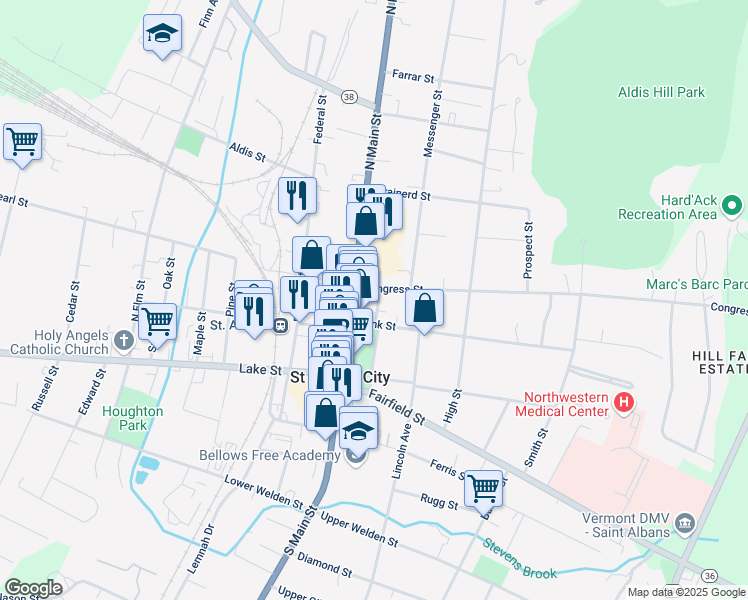 map of restaurants, bars, coffee shops, grocery stores, and more near 10 Maiden Lane in Saint Albans City