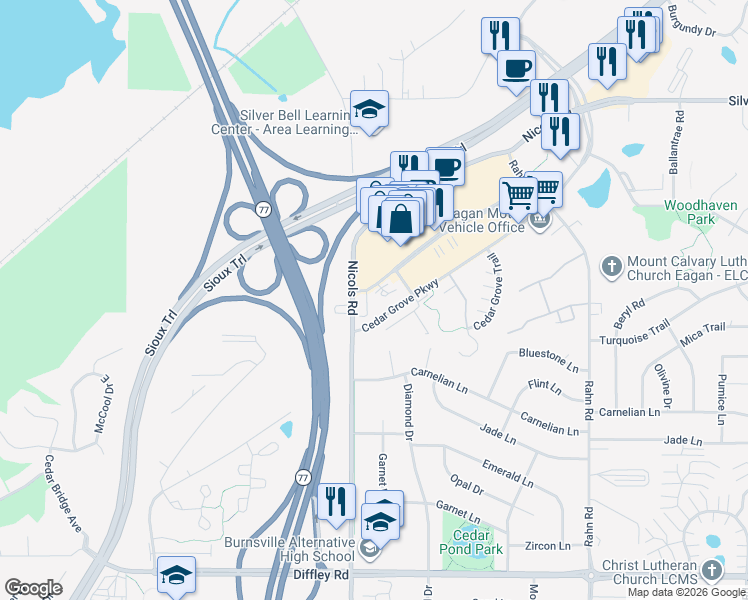 map of restaurants, bars, coffee shops, grocery stores, and more near 4000 Eagan Outlets Parkway in Eagan