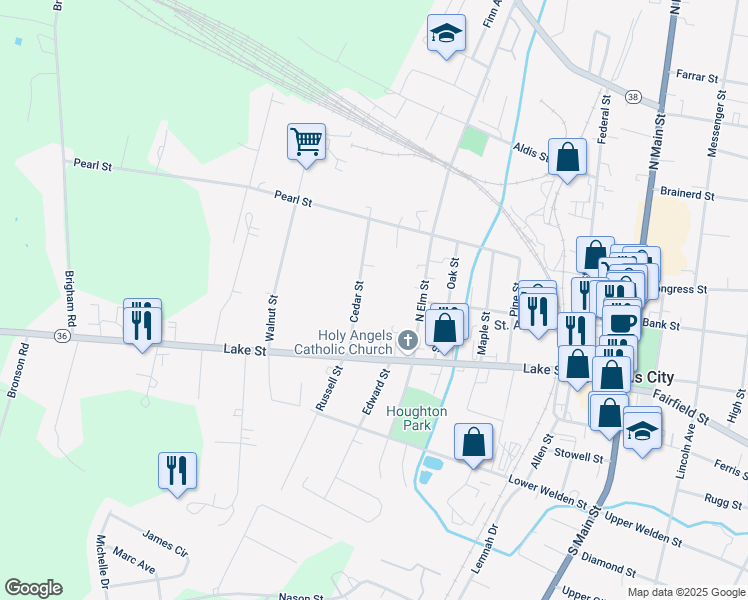 map of restaurants, bars, coffee shops, grocery stores, and more near 19 Cedar Street in Saint Albans City