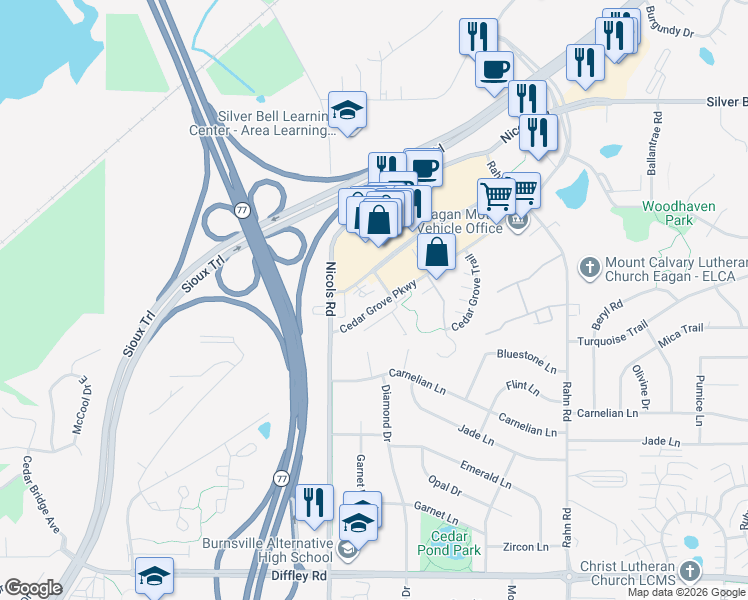 map of restaurants, bars, coffee shops, grocery stores, and more near 4000 Eagan Outlets Parkway in Eagan