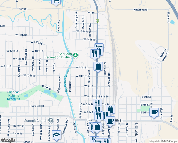 map of restaurants, bars, coffee shops, grocery stores, and more near 200-234 W 10th St in Sheridan