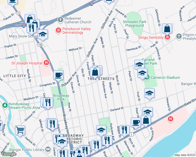 map of restaurants, bars, coffee shops, grocery stores, and more near 196 Parkview Avenue in Bangor