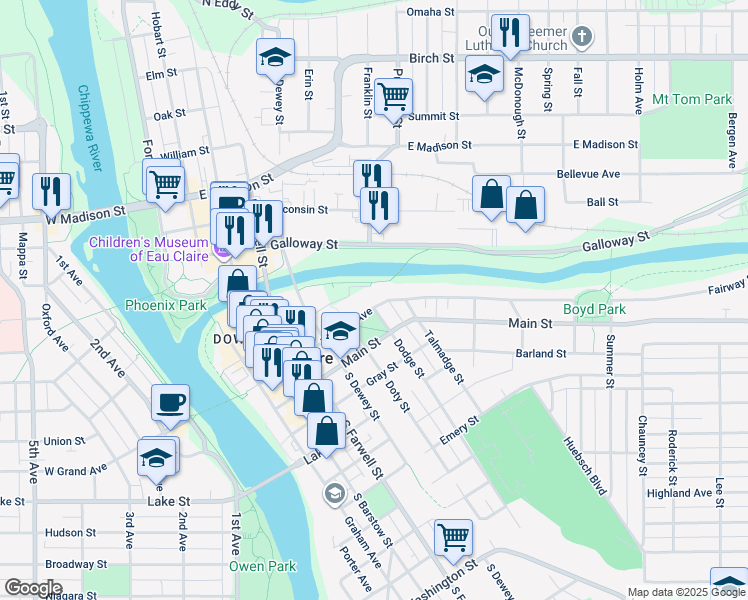 map of restaurants, bars, coffee shops, grocery stores, and more near 610 Main Street in Eau Claire