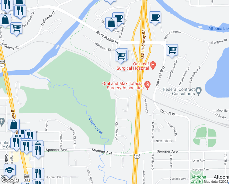map of restaurants, bars, coffee shops, grocery stores, and more near 2889 Fairway Drive in Altoona