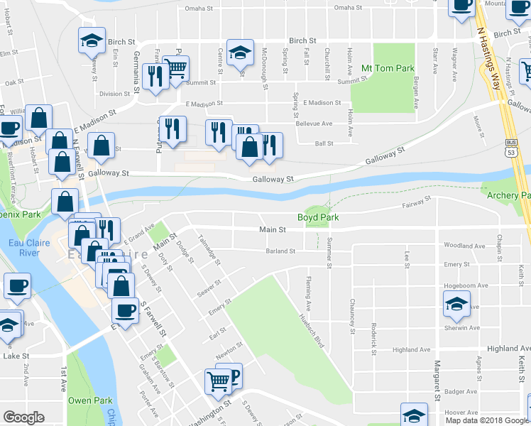 map of restaurants, bars, coffee shops, grocery stores, and more near 1004 East Grand Avenue in Eau Claire