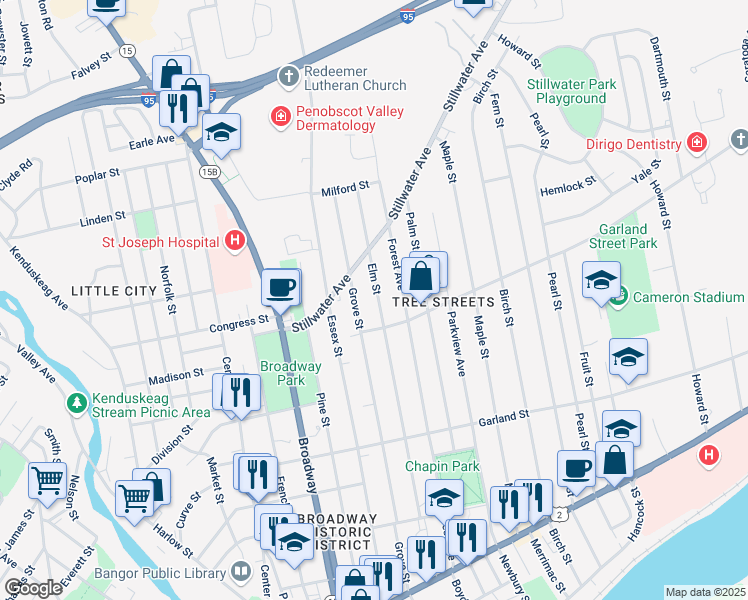map of restaurants, bars, coffee shops, grocery stores, and more near 174 Elm Street in Bangor
