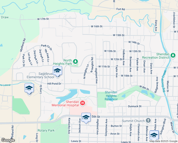 map of restaurants, bars, coffee shops, grocery stores, and more near 1343 North Heights Road in Sheridan