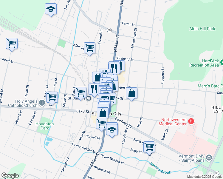 map of restaurants, bars, coffee shops, grocery stores, and more near 13 Center Street in Saint Albans City