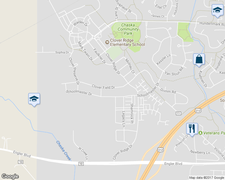 map of restaurants, bars, coffee shops, grocery stores, and more near 2283 Clover Field Drive in Chaska