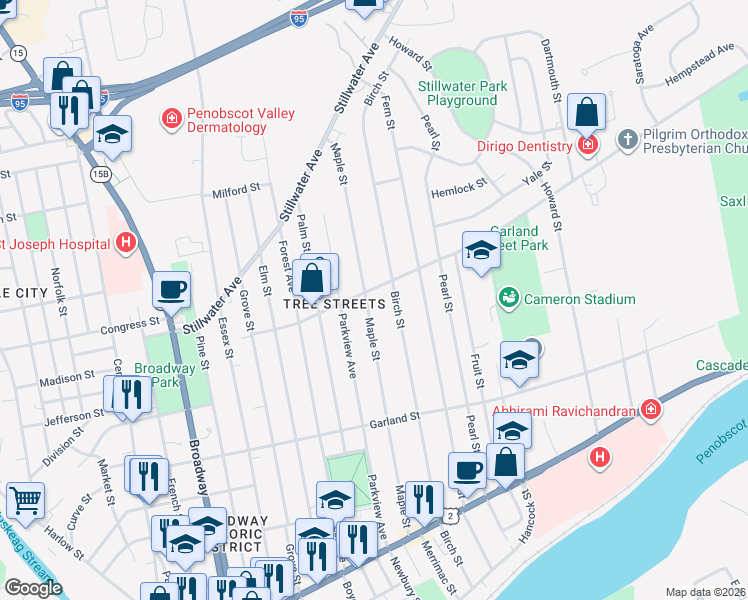map of restaurants, bars, coffee shops, grocery stores, and more near 189 Maple Street in Bangor