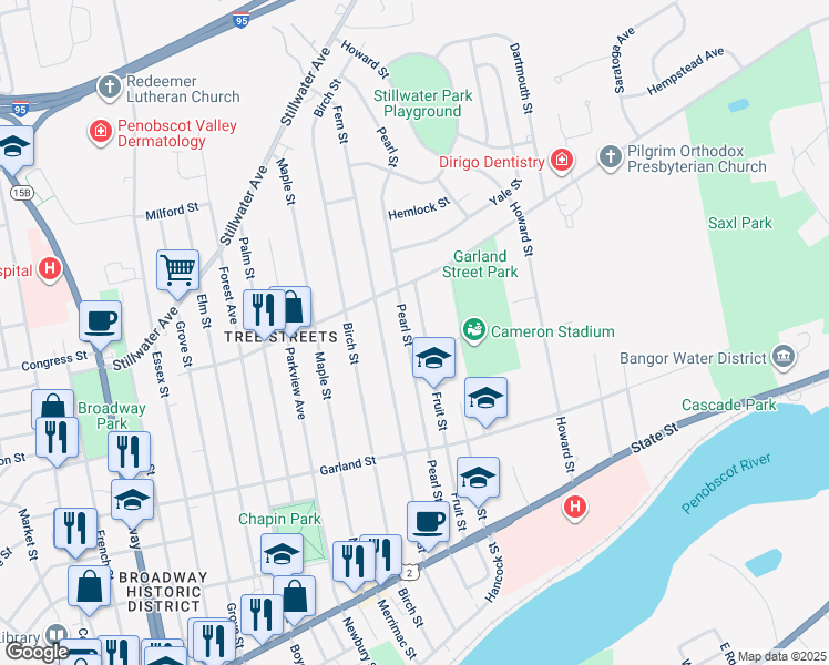 map of restaurants, bars, coffee shops, grocery stores, and more near 202 Pearl Street in Bangor