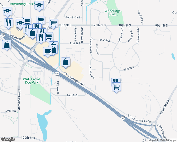 map of restaurants, bars, coffee shops, grocery stores, and more near 9384 Jarrod Avenue South in Cottage Grove
