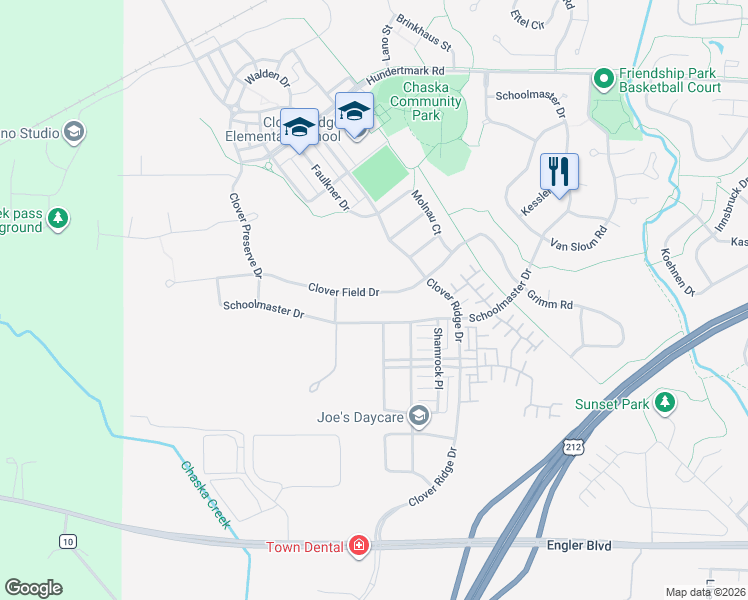 map of restaurants, bars, coffee shops, grocery stores, and more near 2283 Clover Field Drive in Chaska