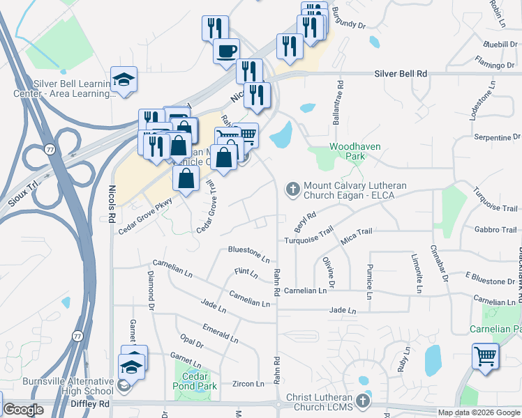 map of restaurants, bars, coffee shops, grocery stores, and more near 3906 Valley View Drive South in Eagan