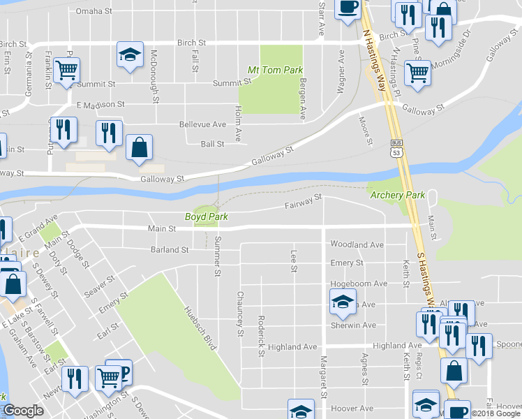 map of restaurants, bars, coffee shops, grocery stores, and more near 1320 Fairway Street in Eau Claire