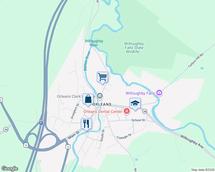 map of restaurants, bars, coffee shops, grocery stores, and more near 42 Maple Street in Barton