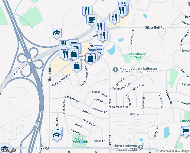 map of restaurants, bars, coffee shops, grocery stores, and more near 3933 Valley View Drive South in Eagan