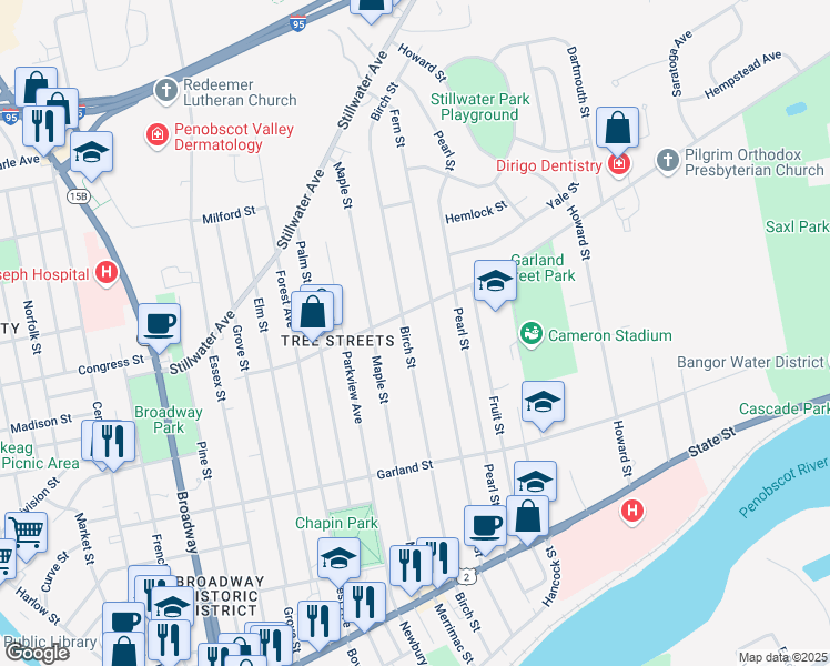 map of restaurants, bars, coffee shops, grocery stores, and more near 138 Mount Hope Avenue in Bangor