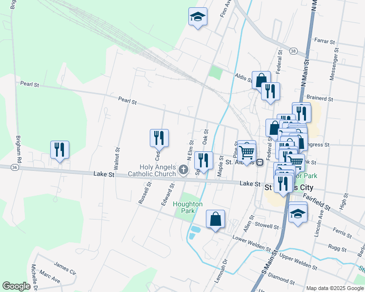map of restaurants, bars, coffee shops, grocery stores, and more near 39 Cedar Street in Saint Albans City