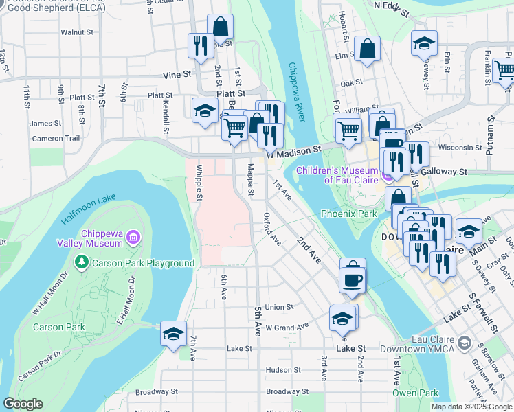map of restaurants, bars, coffee shops, grocery stores, and more near 1418 Mappa Street in Eau Claire