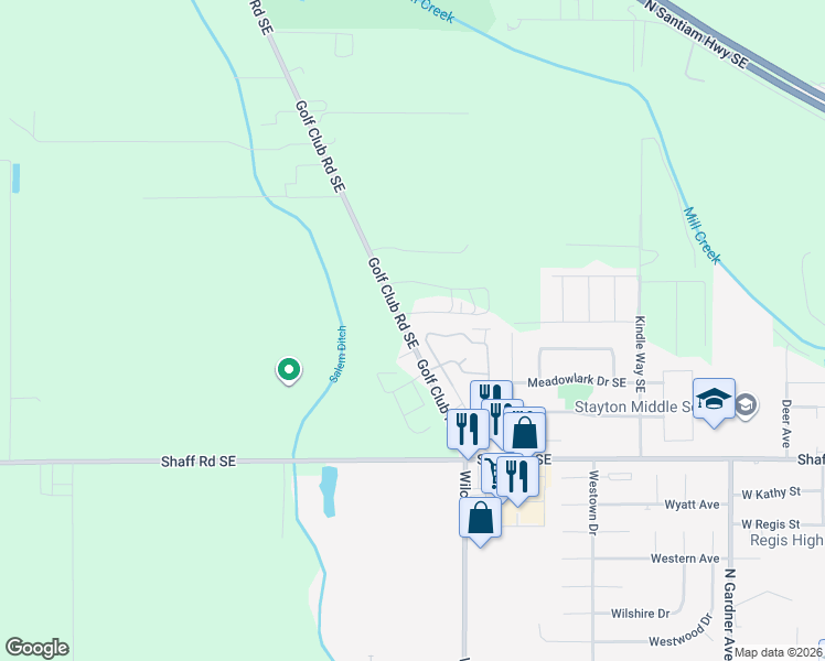 map of restaurants, bars, coffee shops, grocery stores, and more near 9694 Golf Club Road Southeast in Stayton