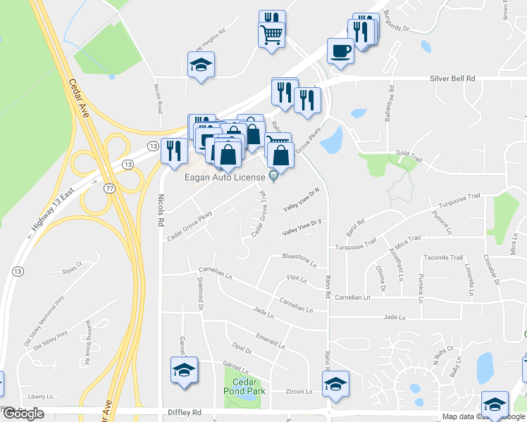 map of restaurants, bars, coffee shops, grocery stores, and more near 2131 Cedar Grove Trail in Saint Paul