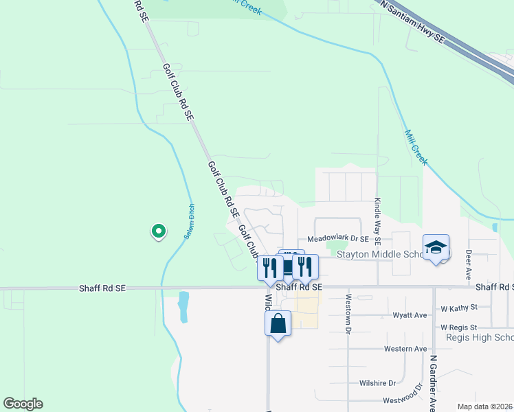 map of restaurants, bars, coffee shops, grocery stores, and more near 9694 Golf Club Road Southeast in Stayton