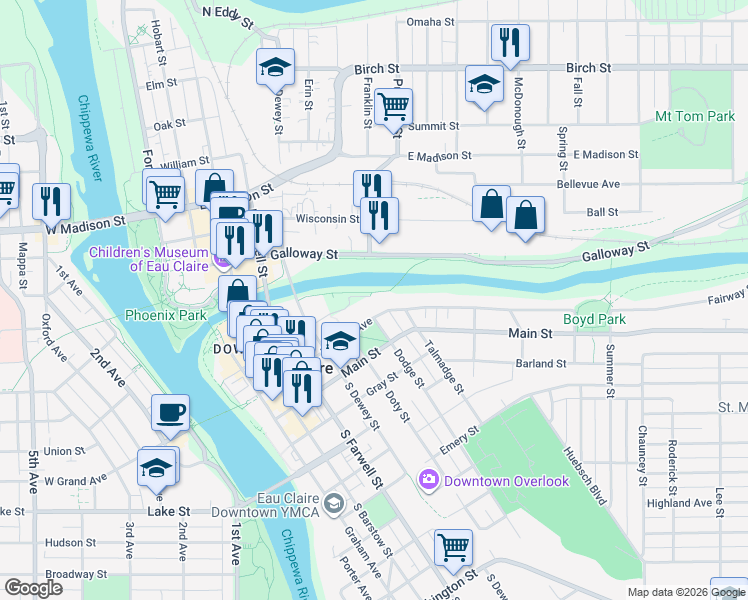map of restaurants, bars, coffee shops, grocery stores, and more near Chippewa River State Trail in Eau Claire