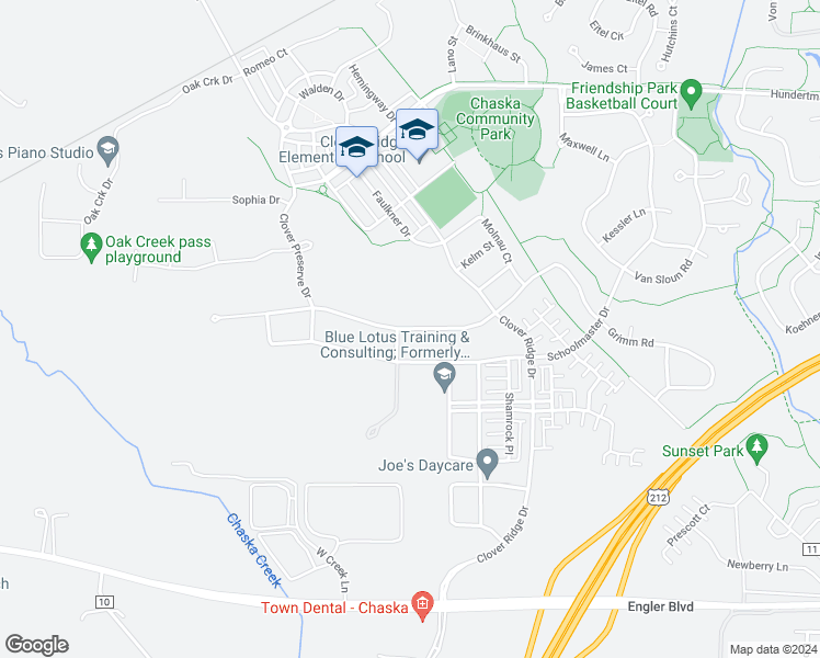 map of restaurants, bars, coffee shops, grocery stores, and more near Clover Field Drive in Chaska