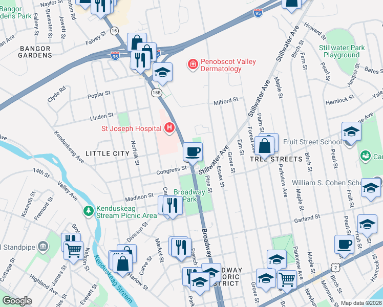 map of restaurants, bars, coffee shops, grocery stores, and more near 339 Broadway in Bangor