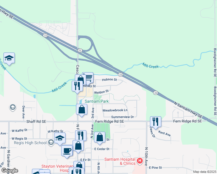map of restaurants, bars, coffee shops, grocery stores, and more near 530 Whitney Street in Stayton