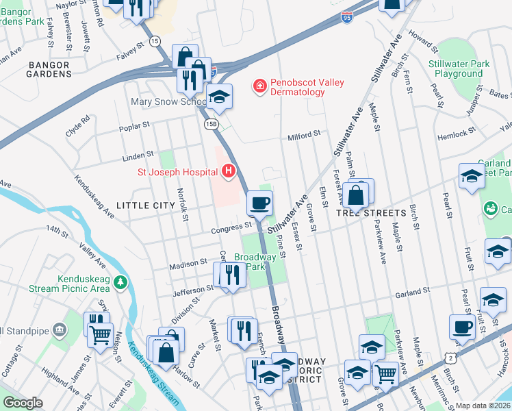map of restaurants, bars, coffee shops, grocery stores, and more near 321 Broadway in Bangor