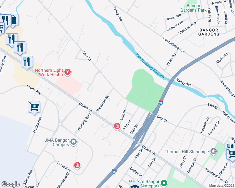 map of restaurants, bars, coffee shops, grocery stores, and more near 600 Ohio Street in Bangor