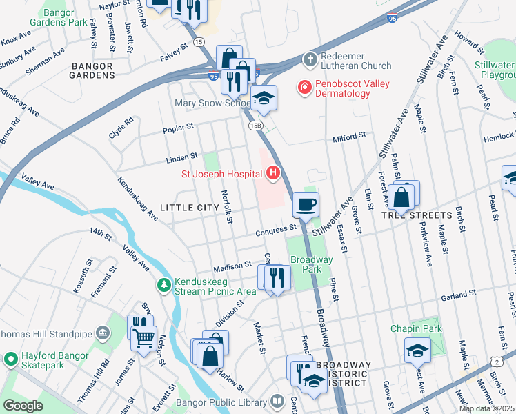 map of restaurants, bars, coffee shops, grocery stores, and more near 284 Center Street in Bangor