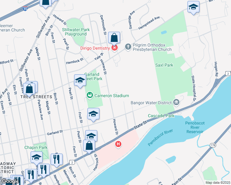 map of restaurants, bars, coffee shops, grocery stores, and more near 137 Howard Street in Bangor