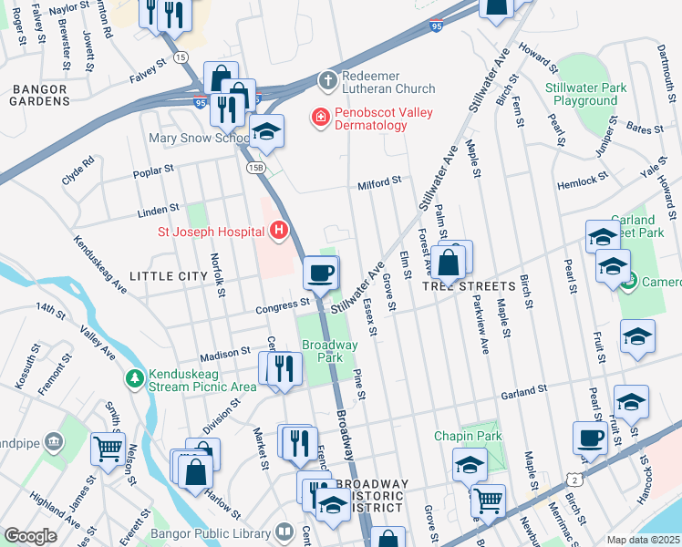 map of restaurants, bars, coffee shops, grocery stores, and more near 381 Pine Street in Bangor