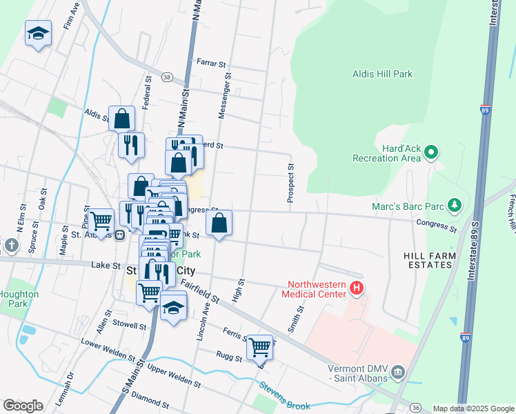 map of restaurants, bars, coffee shops, grocery stores, and more near 69 High Street in Saint Albans City