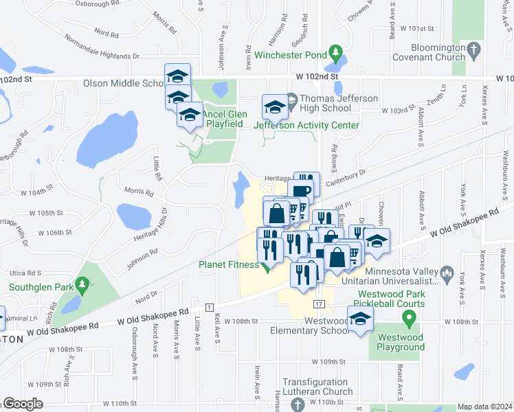 map of restaurants, bars, coffee shops, grocery stores, and more near 4009 Heritage Hills Drive in Minneapolis