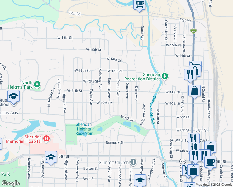 map of restaurants, bars, coffee shops, grocery stores, and more near 715 West 11th Street in Sheridan