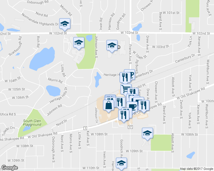 map of restaurants, bars, coffee shops, grocery stores, and more near 4009 Heritage Hills Drive in Minneapolis