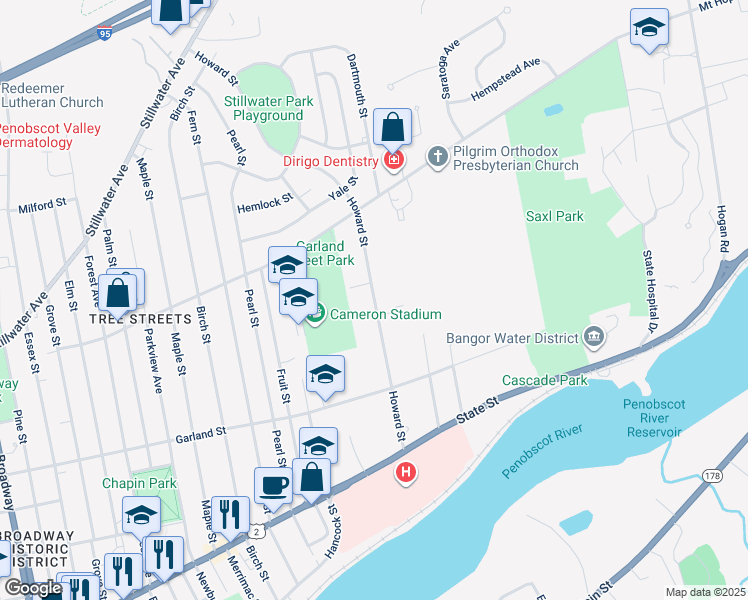 map of restaurants, bars, coffee shops, grocery stores, and more near 137 Howard Street in Bangor