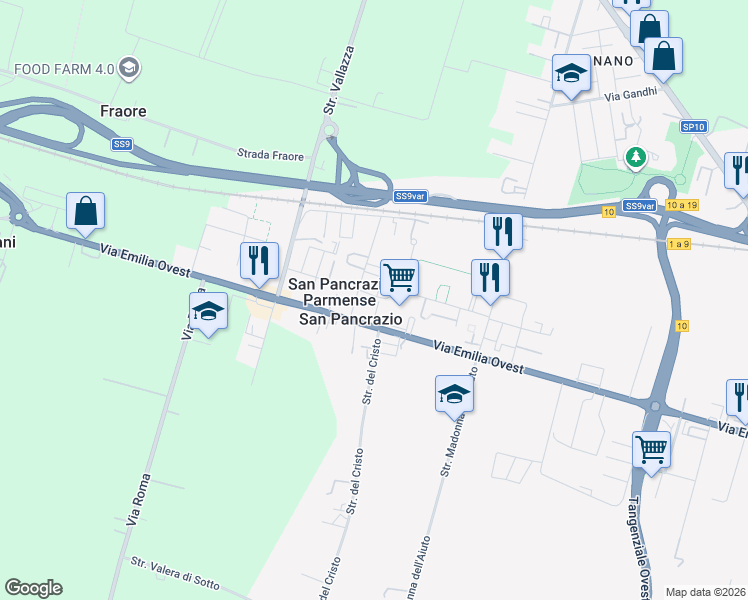 map of restaurants, bars, coffee shops, grocery stores, and more near 25 Via Bruno Buozzi in Parma