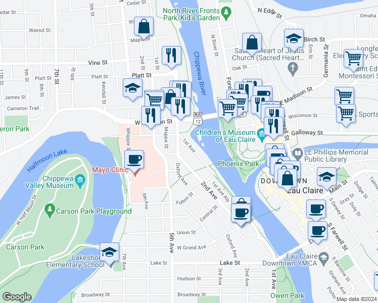 map of restaurants, bars, coffee shops, grocery stores, and more near 1224 1st Avenue in Eau Claire