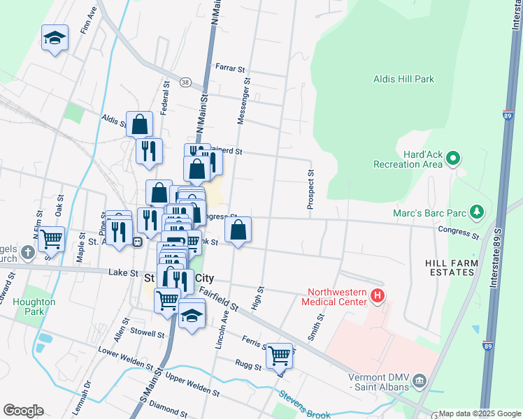 map of restaurants, bars, coffee shops, grocery stores, and more near 72 High Street in Saint Albans City