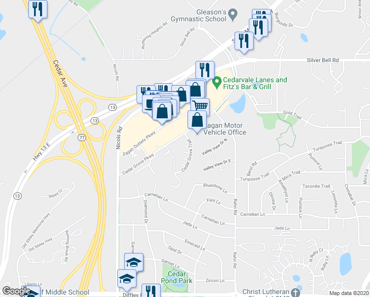 map of restaurants, bars, coffee shops, grocery stores, and more near 2114 Cedar Grove Trail in Eagan