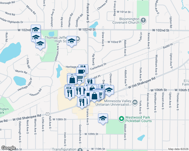 map of restaurants, bars, coffee shops, grocery stores, and more near 3809 Canterbury Drive in Minneapolis